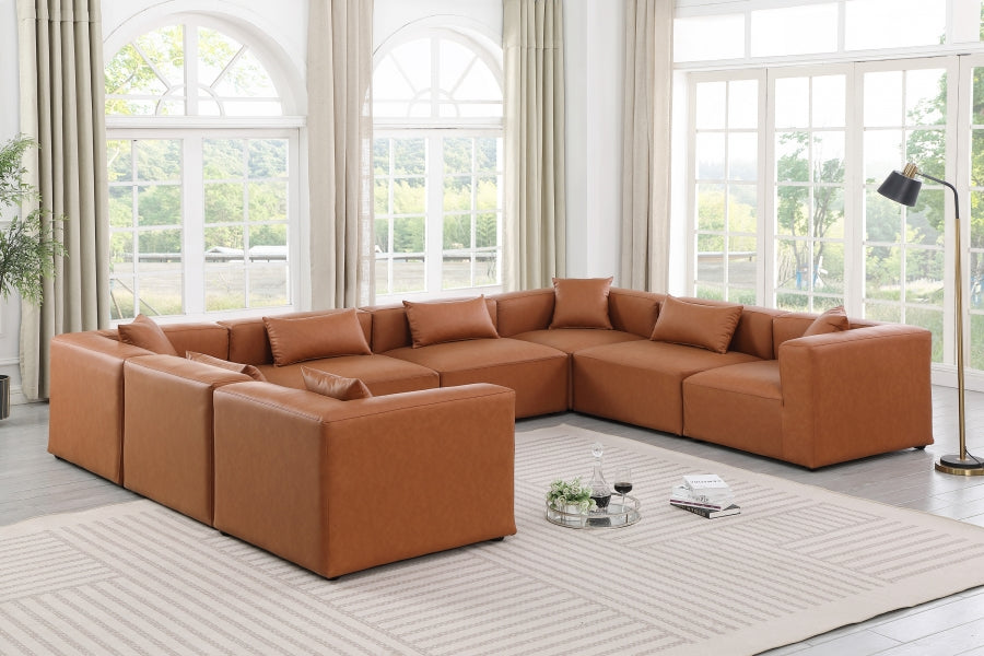 Meridian Furniture - Cube 144" Vegan Leather Upholstered 8 Piece Modular Sectional - 668Cognac-Sec8A - GreatFurnitureDeal