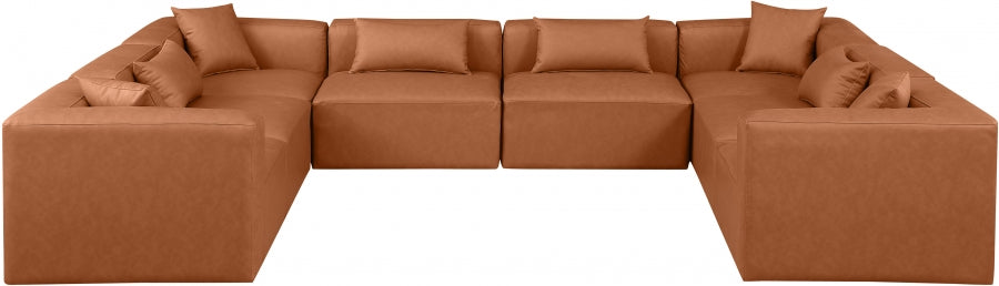 Meridian Furniture - Cube 144" Vegan Leather Upholstered 8 Piece Modular Sectional - 668Cognac-Sec8A - GreatFurnitureDeal