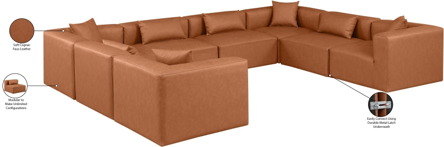 Meridian Furniture - Cube 144" Vegan Leather Upholstered 8 Piece Modular Sectional - 668Cognac-Sec8A - GreatFurnitureDeal
