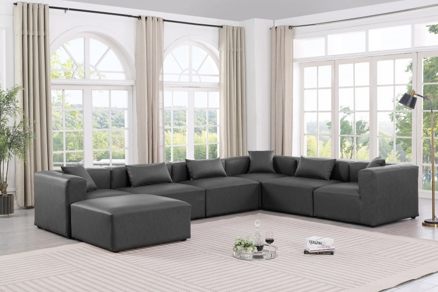 Meridian Furniture - Cube 144" Vegan Leather Upholstered 6 Piece Modular Sectional - 668Grey-Sec7A - GreatFurnitureDeal