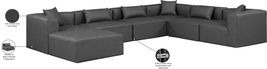Meridian Furniture - Cube 144" Vegan Leather Upholstered 6 Piece Modular Sectional - 668Grey-Sec7A - GreatFurnitureDeal