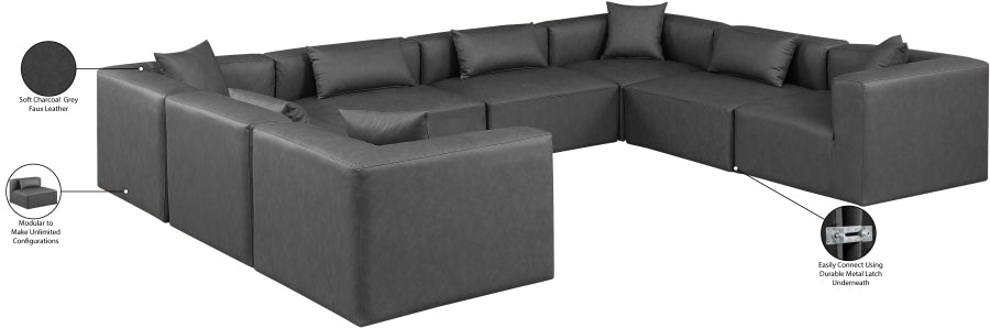 Meridian Furniture - Cube 144" Vegan Leather Upholstered 8 Piece Modular Sectional - 668Grey-Sec8A - GreatFurnitureDeal
