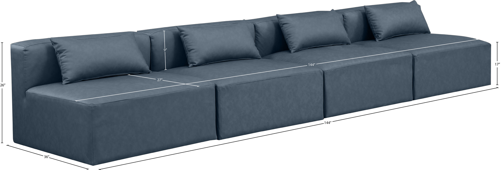 Meridian Furniture - Cube 144" Vegan Leather Upholstered 4 Piece Armless Modular Sofa - 668Navy-S144A - GreatFurnitureDeal