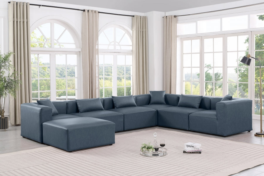 Meridian Furniture - Cube 144" Vegan Leather Upholstered 7 Piece Modular Sectional - 668Navy-Sec7A - GreatFurnitureDeal