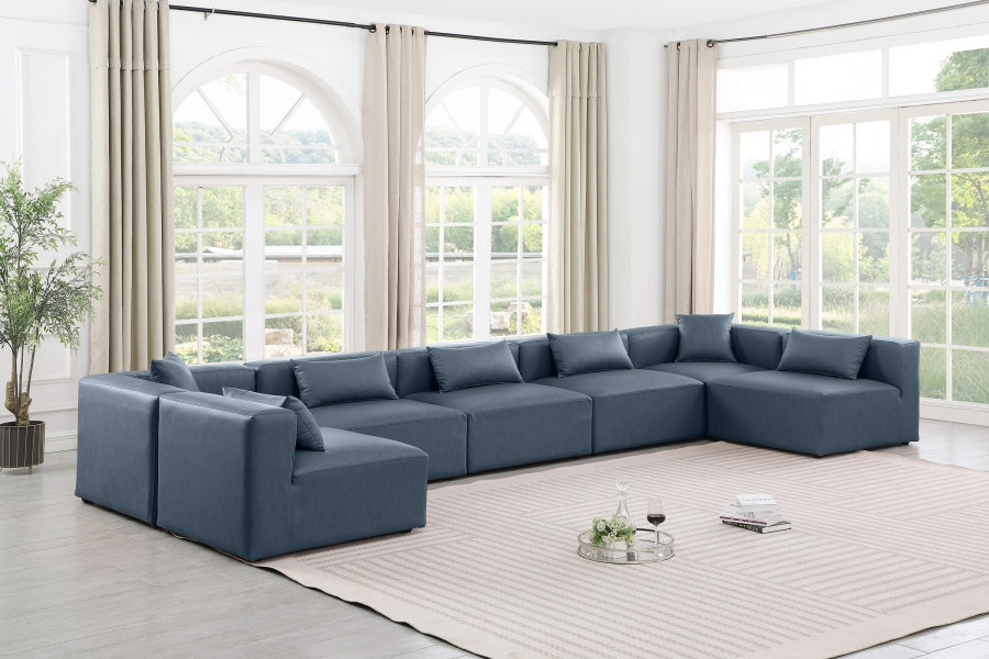 Meridian Furniture - Cube 180" Vegan Leather Upholstered 7 Piece Modular Sectional - 668Navy-Sec7B - GreatFurnitureDeal