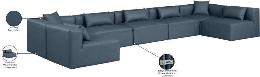 Meridian Furniture - Cube 180" Vegan Leather Upholstered 7 Piece Modular Sectional - 668Navy-Sec7B - GreatFurnitureDeal