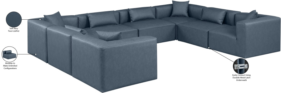 Meridian Furniture - Cube 144" Vegan Leather Upholstered 8 Piece Modular Sectional - 668Navy-Sec8A - GreatFurnitureDeal