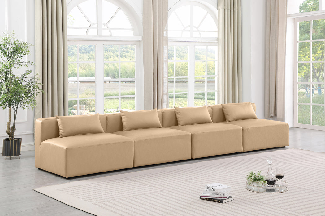 Meridian Furniture - Cube 144" Vegan Leather Upholstered 4 Piece Armless Modular Sofa - 668Tan-S144A - GreatFurnitureDeal
