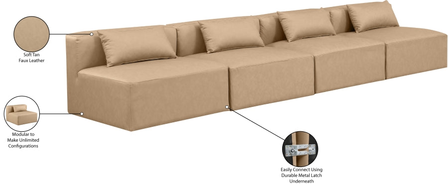 Meridian Furniture - Cube 144" Vegan Leather Upholstered 4 Piece Armless Modular Sofa - 668Tan-S144A - GreatFurnitureDeal
