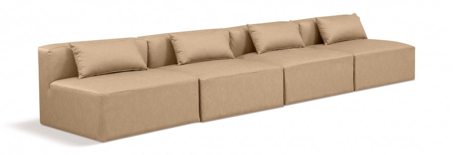 Meridian Furniture - Cube 144" Vegan Leather Upholstered 4 Piece Armless Modular Sofa - 668Tan-S144A - GreatFurnitureDeal
