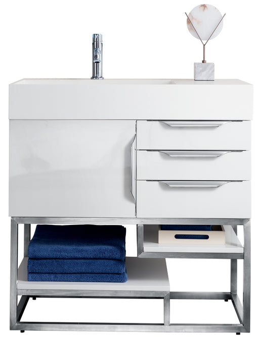 James Martin Furniture - Columbia 36" Single Vanity, Glossy White, Brushed Nickel w/ Glossy White Composite Stone Top - 983-V36-GW-BN-GW - GreatFurnitureDeal