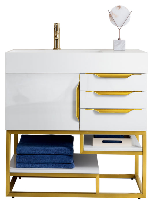 James Martin Furniture - Columbia 36" Single Vanity, Glossy White, Radiant Gold w/ Glossy White Composite Stone Top - 983-V36-GW-RG-GW - GreatFurnitureDeal