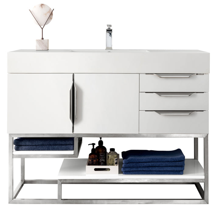 James Martin Furniture - Columbia 48" Single Vanity, Glossy White, Brushed Nickel w/ Glossy White Composite Stone Top - 983-V48-GW-BN-GW - GreatFurnitureDeal