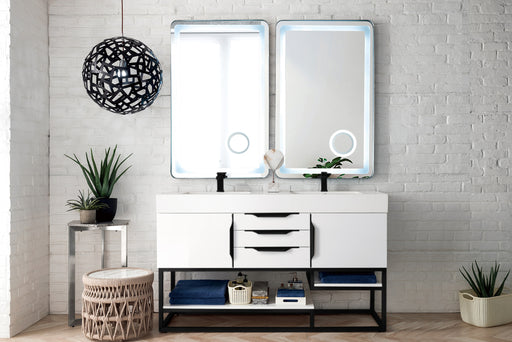 James Martin Furniture - Columbia 59" Double Vanity, Glossy White, Matte Black w/ Glossy White Composite Stone Top - 983-V59D-GW-MB-GW - GreatFurnitureDeal