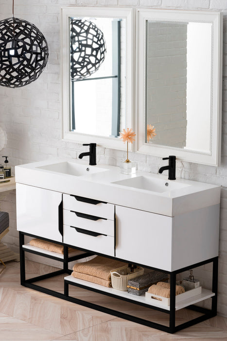 James Martin Furniture - Columbia 59" Double Vanity, Glossy White, Matte Black w/ Glossy White Composite Stone Top - 983-V59D-GW-MB-GW - GreatFurnitureDeal