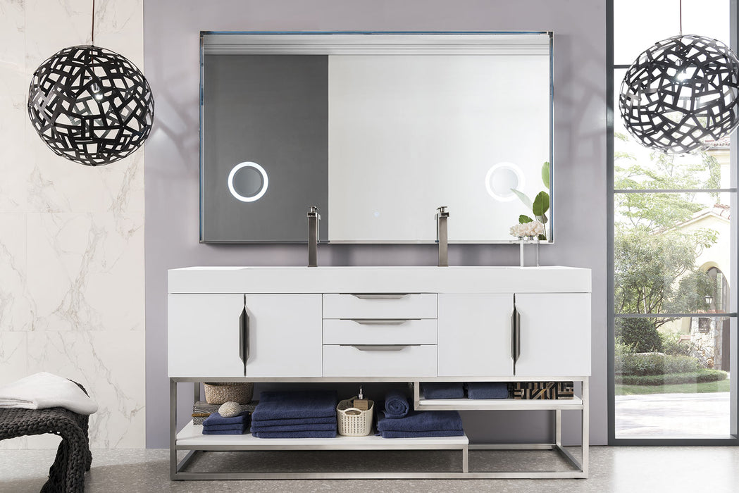 James Martin Furniture - Columbia 72" Double Vanity, Glossy White, Brushed Nickel w/ Glossy White Composite Stone Top - 983-V72D-GW-BN-GW - GreatFurnitureDeal