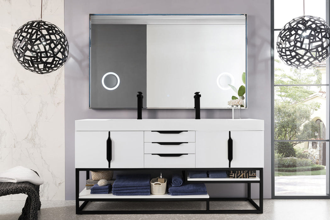 James Martin Furniture - Columbia 72" Double Vanity, Glossy White, Matte Black w/ Glossy White Composite Stone Top - 983-V72D-GW-MB-GW - GreatFurnitureDeal