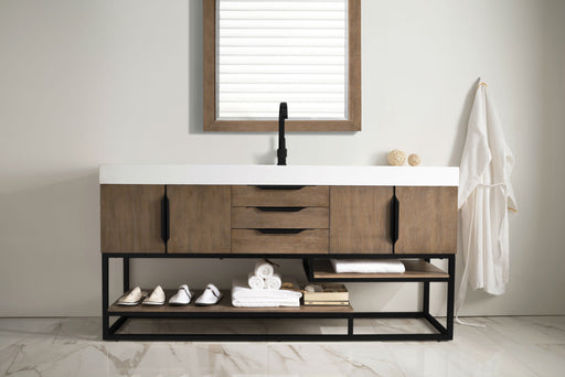 James Martin Furniture - Columbia 72" Single Vanity, Latte Oak, Matte Black w/ Glossy White Composite Stone Top - 983-V72S-LTO-MB-GW - GreatFurnitureDeal