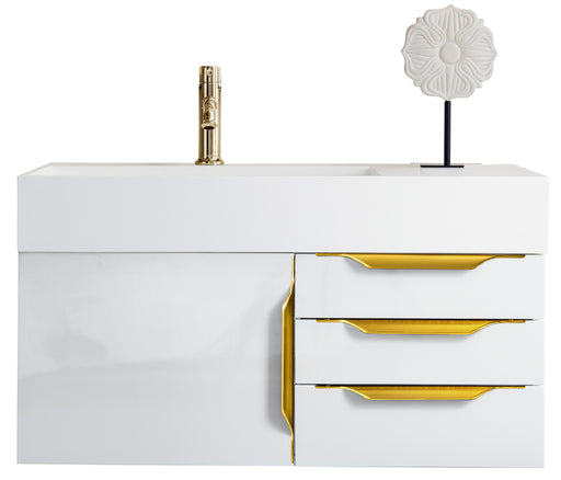 James Martin Furniture - Columbia 36" Single Wall Mount Vanity, Glossy White, Radiant Gold w/ Glossy White Composite Stone Top - 983-V36-W-GW-G-GW - GreatFurnitureDeal