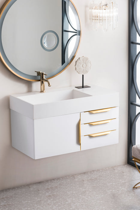 James Martin Furniture - Columbia 36" Single Wall Mount Vanity, Glossy White, Radiant Gold w/ Glossy White Composite Stone Top - 983-V36-W-GW-G-GW - GreatFurnitureDeal