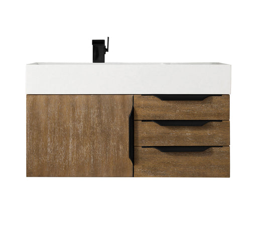 James Martin Furniture - Columbia 36" Single Wall Mount Vanity, Latte Oak, Matte Black w/ Glossy White Composite Stone Top - 983-V36-W-LO-B-GW - GreatFurnitureDeal