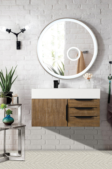 James Martin Furniture - Columbia 36" Single Wall Mount Vanity, Latte Oak, Matte Black w/ Glossy White Composite Stone Top - 983-V36-W-LO-B-GW - GreatFurnitureDeal