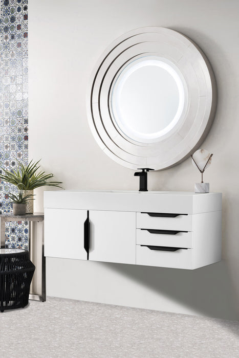 James Martin Furniture - Columbia 48" Single Wall Mount Vanity, Glossy White, Matte Black w/ Glossy White Composite Stone Top - 983-V48-W-GW-B-GW - GreatFurnitureDeal