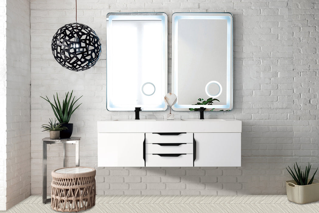 James Martin Furniture - Columbia 59" Double Wall Mount Vanity, Glossy White, Matte Black w/ Glossy White Composite Stone Top - 983-V59D-W-GW-B-GW - GreatFurnitureDeal