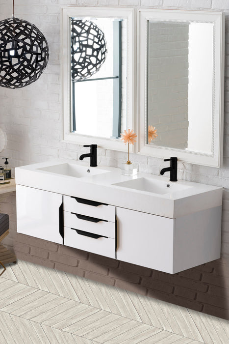 James Martin Furniture - Columbia 59" Double Wall Mount Vanity, Glossy White, Matte Black w/ Glossy White Composite Stone Top - 983-V59D-W-GW-B-GW - GreatFurnitureDeal