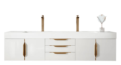 James Martin Furniture - Columbia 72" Double Wall Mount Vanity, Glossy White, Radiant Gold w/ Glossy White Composite Stone Top - 983-V72D-W-GW-G-GW - GreatFurnitureDeal