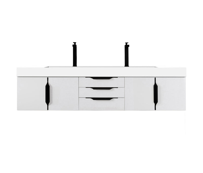 James Martin Furniture - Columbia 72" Double Wall Mount Vanity, Glossy White, Matte Black w/ Glossy White Composite Stone Top - 983-V72D-W-GW-B-GW - GreatFurnitureDeal