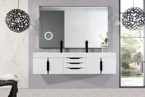 James Martin Furniture - Columbia 72" Double Wall Mount Vanity, Glossy White, Matte Black w/ Glossy White Composite Stone Top - 983-V72D-W-GW-B-GW - GreatFurnitureDeal