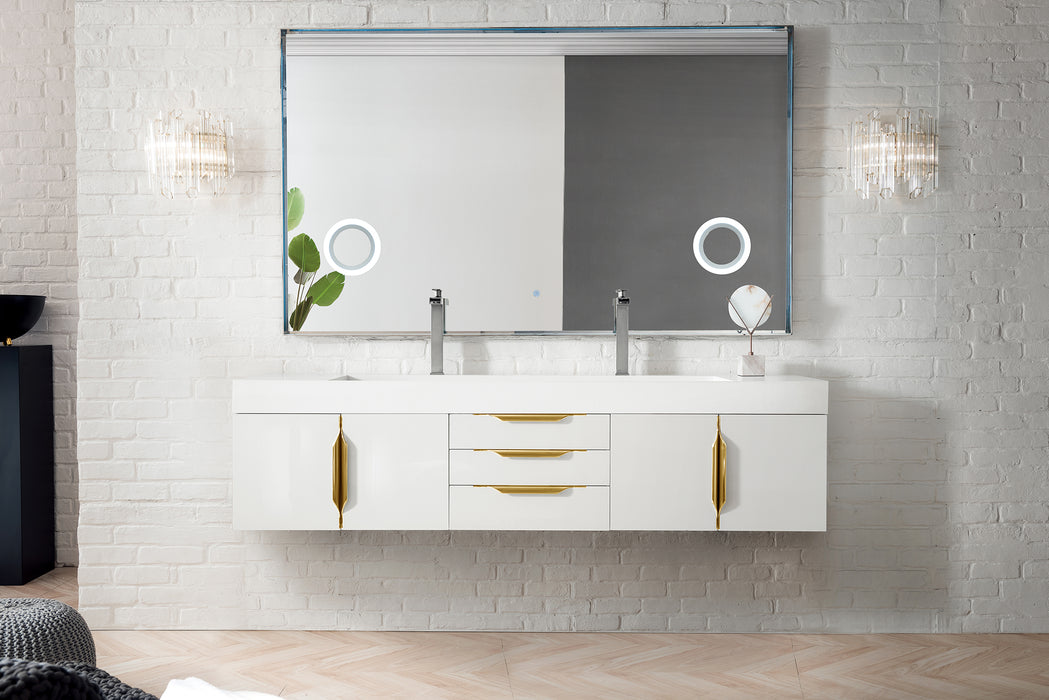 James Martin Furniture - Columbia 72" Double Wall Mount Vanity, Glossy White, Radiant Gold w/ Glossy White Composite Stone Top - 983-V72D-W-GW-G-GW - GreatFurnitureDeal