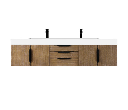 James Martin Furniture - Columbia 72" Double Wall Mount Vanity, Latte Oak, Matte Black w/ Glossy White Composite Stone Top - 983-V72D-W-LO-B-GW - GreatFurnitureDeal