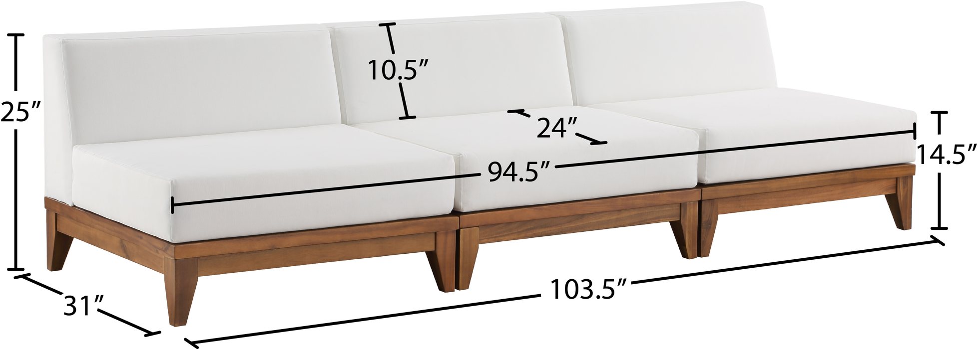 Meridian Furniture - Rio 103.5" Off White Off White Water Resistant Fabric Upholstered 3pc. Armless Chair - 389White-S104 - GreatFurnitureDeal