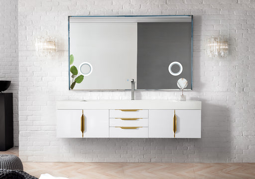 James Martin Furniture - Columbia 72" Single Wall Mount Vanity, Glossy White, Radiant Gold w/ Glossy White Composite Stone Top - 983-V72S-W-GW-G-GW - GreatFurnitureDeal