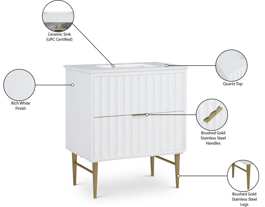 Meridian Furniture - Modernist 30" White Engineered Stone Top And Solid Wood Base Bathroom Vanity - 401White-30 - GreatFurnitureDeal