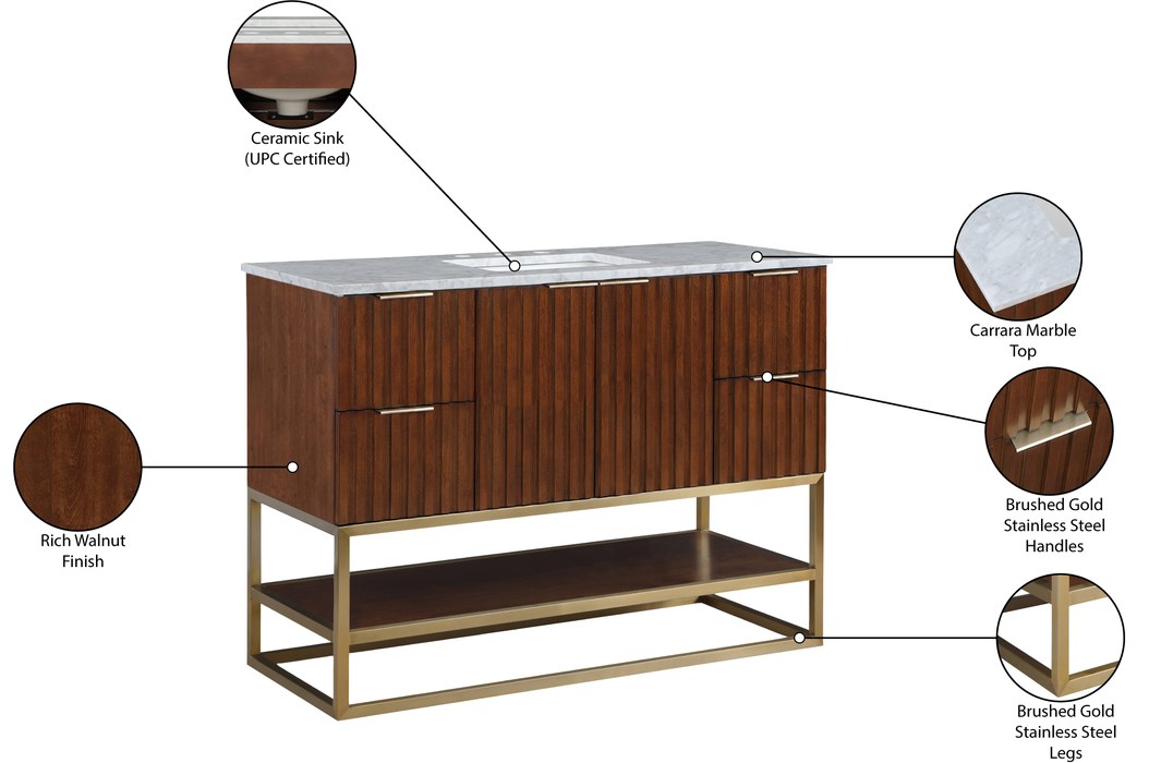 Meridian Furniture - Monad 48" Walnut Genuine Marble Top, Steel And Glass Base Bathroom Vanity - 404Walnut-48 - GreatFurnitureDeal