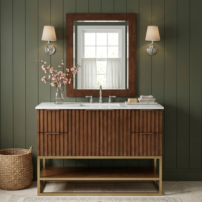 Meridian Furniture - Monad 48" Walnut Genuine Marble Top, Steel And Glass Base Bathroom Vanity - 404Walnut-48 - GreatFurnitureDeal