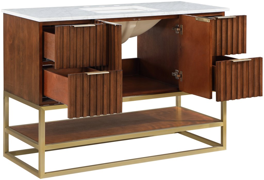 Meridian Furniture - Monad 48" Walnut Genuine Marble Top, Steel And Glass Base Bathroom Vanity - 404Walnut-48 - GreatFurnitureDeal