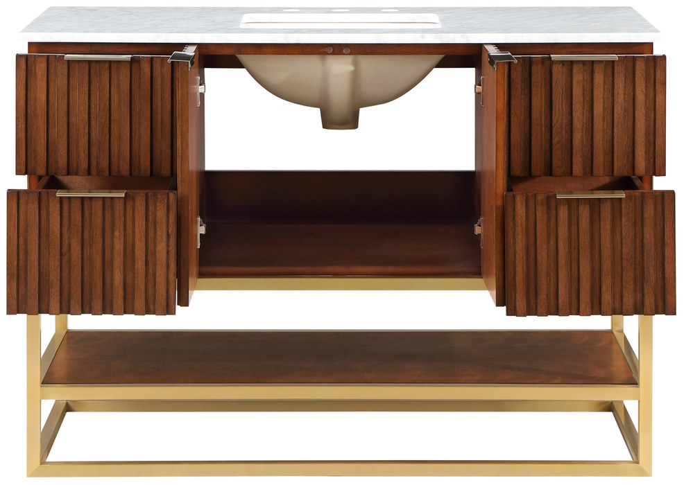 Meridian Furniture - Monad 48" Walnut Genuine Marble Top, Steel And Glass Base Bathroom Vanity - 404Walnut-48 - GreatFurnitureDeal