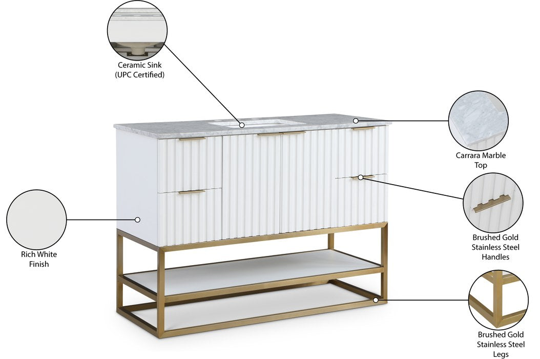 Meridian Furniture - Monad 48" White Genuine Marble Top, Steel And Glass Base Bathroom Vanity - 404White-48 - GreatFurnitureDeal