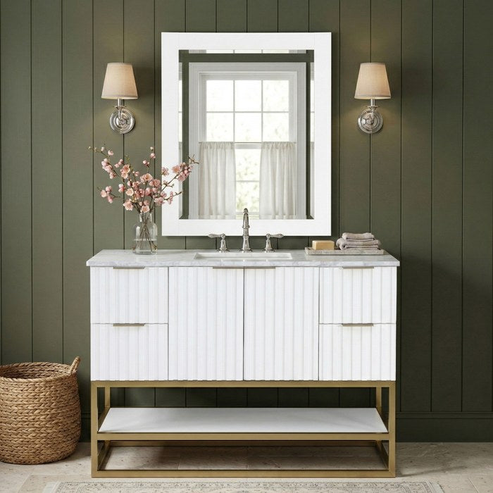 Meridian Furniture - Monad 48" White Genuine Marble Top, Steel And Glass Base Bathroom Vanity - 404White-48 - GreatFurnitureDeal