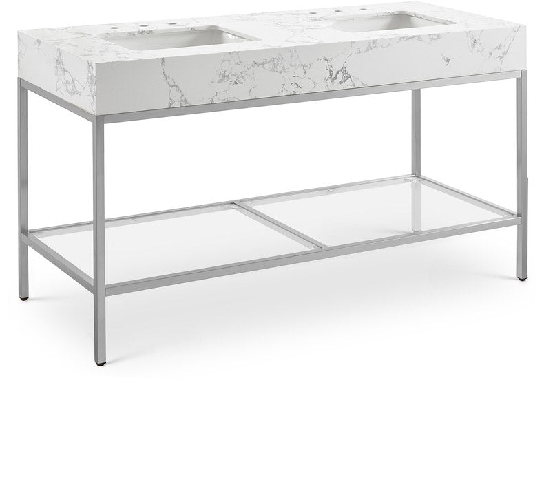 Meridian Furniture - Marmo 60" White Engineered Stone Top, Steel And Glass Base Bathroom Vanity - 408White-60 - GreatFurnitureDeal