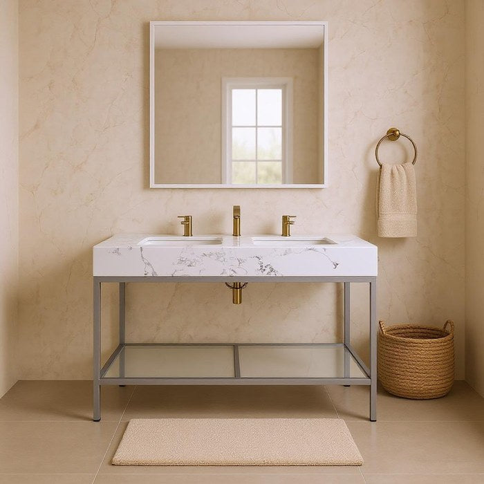 Meridian Furniture - Marmo 60" White Engineered Stone Top, Steel And Glass Base Bathroom Vanity - 408White-60 - GreatFurnitureDeal