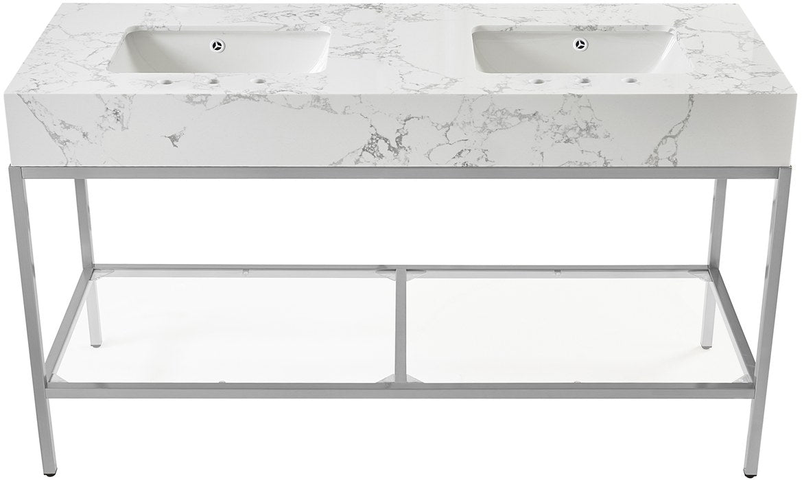 Meridian Furniture - Marmo 60" White Engineered Stone Top, Steel And Glass Base Bathroom Vanity - 408White-60 - GreatFurnitureDeal