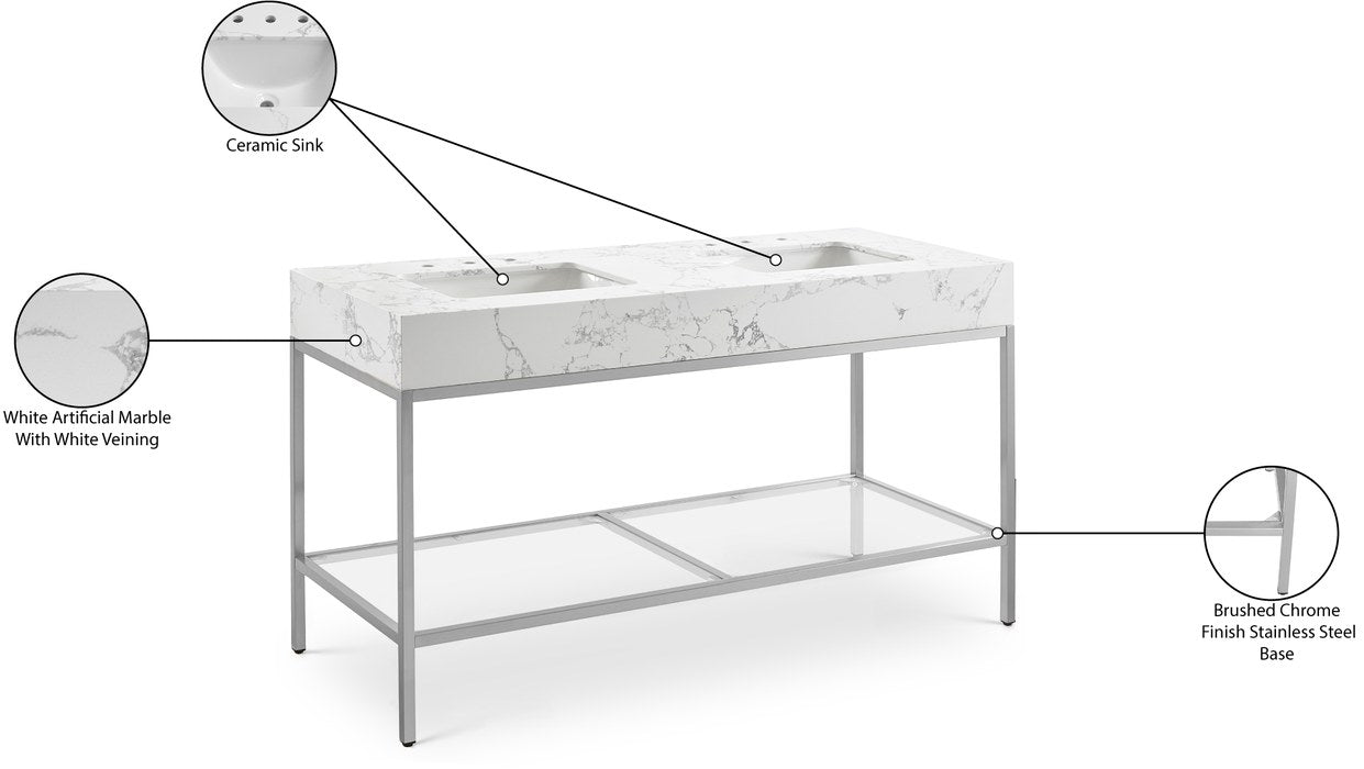 Meridian Furniture - Marmo 60" White Engineered Stone Top, Steel And Glass Base Bathroom Vanity - 408White-60 - GreatFurnitureDeal