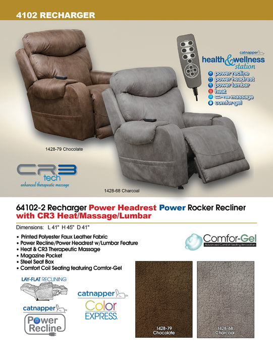Catnapper - Recharger Power Headrest Power Rocker Recliner w-CR3 Heat-Massage-Lumbar in Chocolate - 64102-2-CHOCOLATE