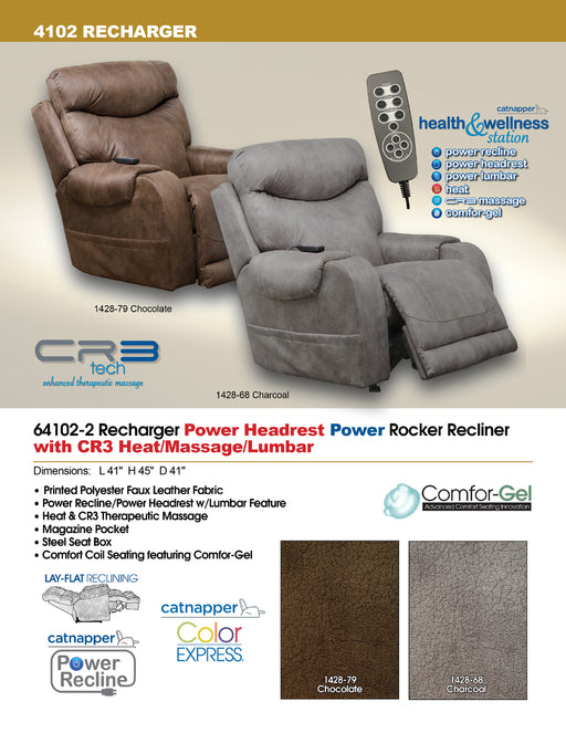 Catnapper - Recharger Power Headrest Power Rocker Recliner w-CR3 Heat-Massage-Lumbar in Charcoal - 64102-2-CHARCOAL - GreatFurnitureDeal