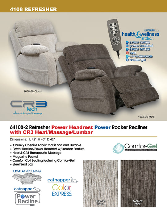 Catnapper - Refresher Power Headrest Power Rocker Recliner w-CR3 Heat-Massage-Lumbar in Cloud - 64108-2-CLOUD